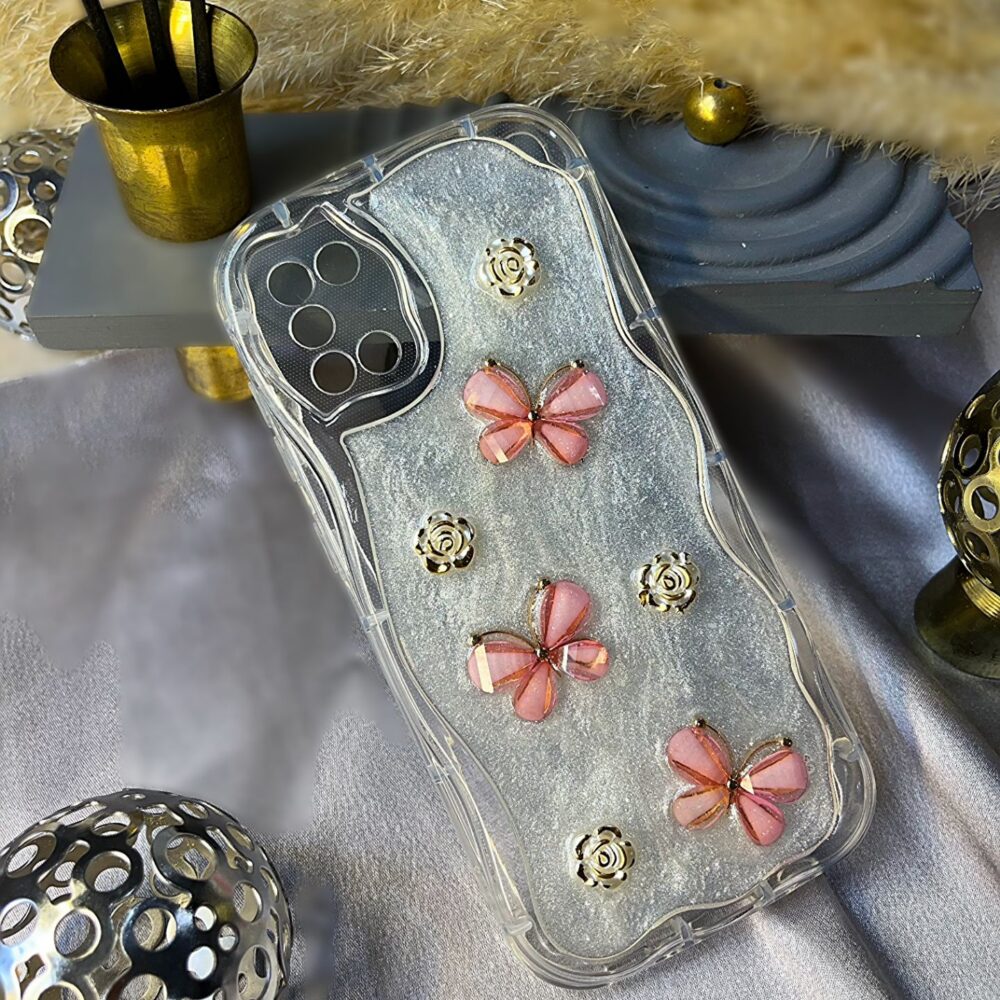 قاب موبایل گل پروانه ای شاین دار 3D برجسته a31
